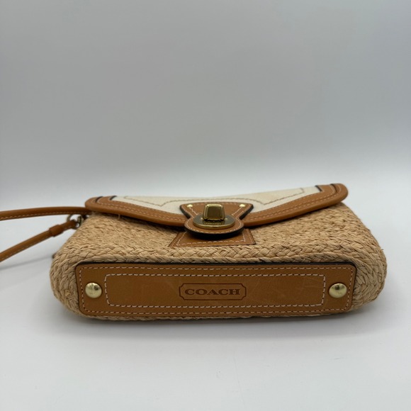 Coach Woven Straw Leather Trim Tan Wristlet Clutch Gold Turnlock‎ Summertime - Picture 3 of 8